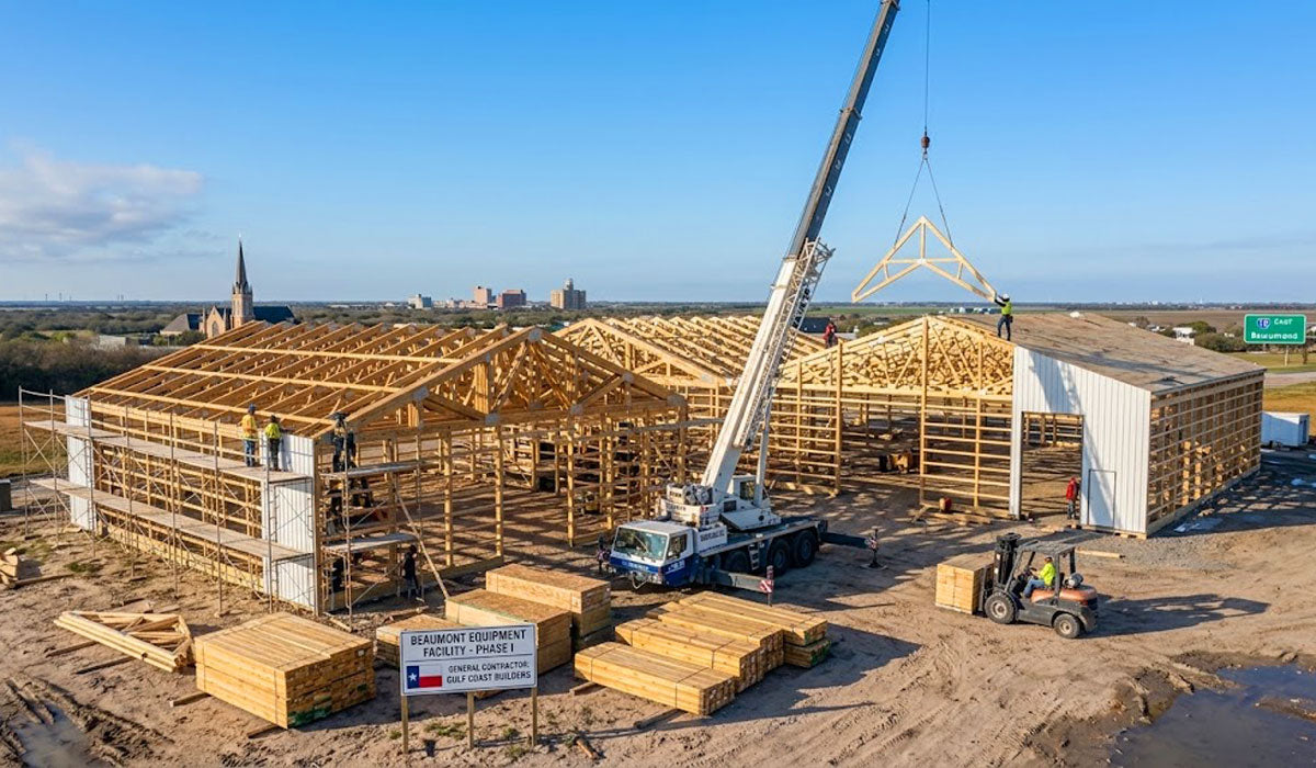 Commercial logistics facility framed with engineered timber roof trusses in Beaumont, Texas.