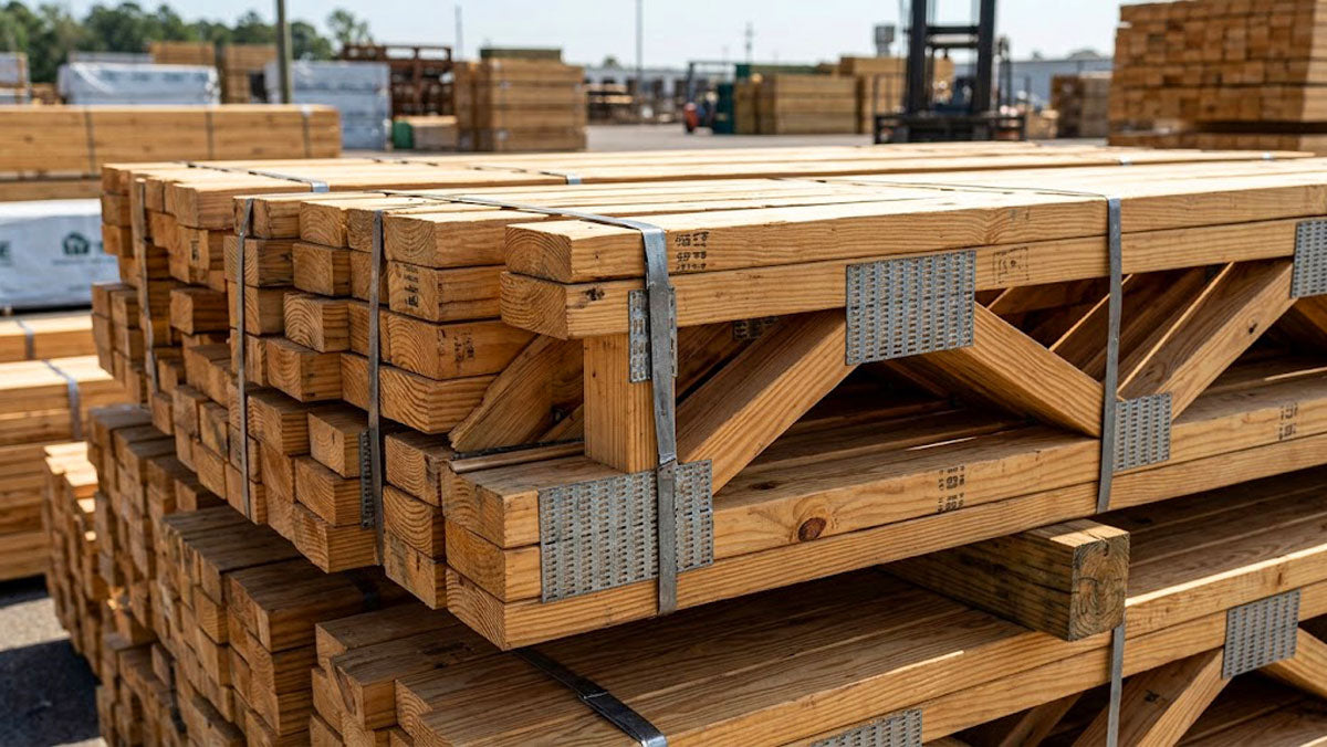 Open-web timber floor trusses installed on a commercial construction site in Colorado.