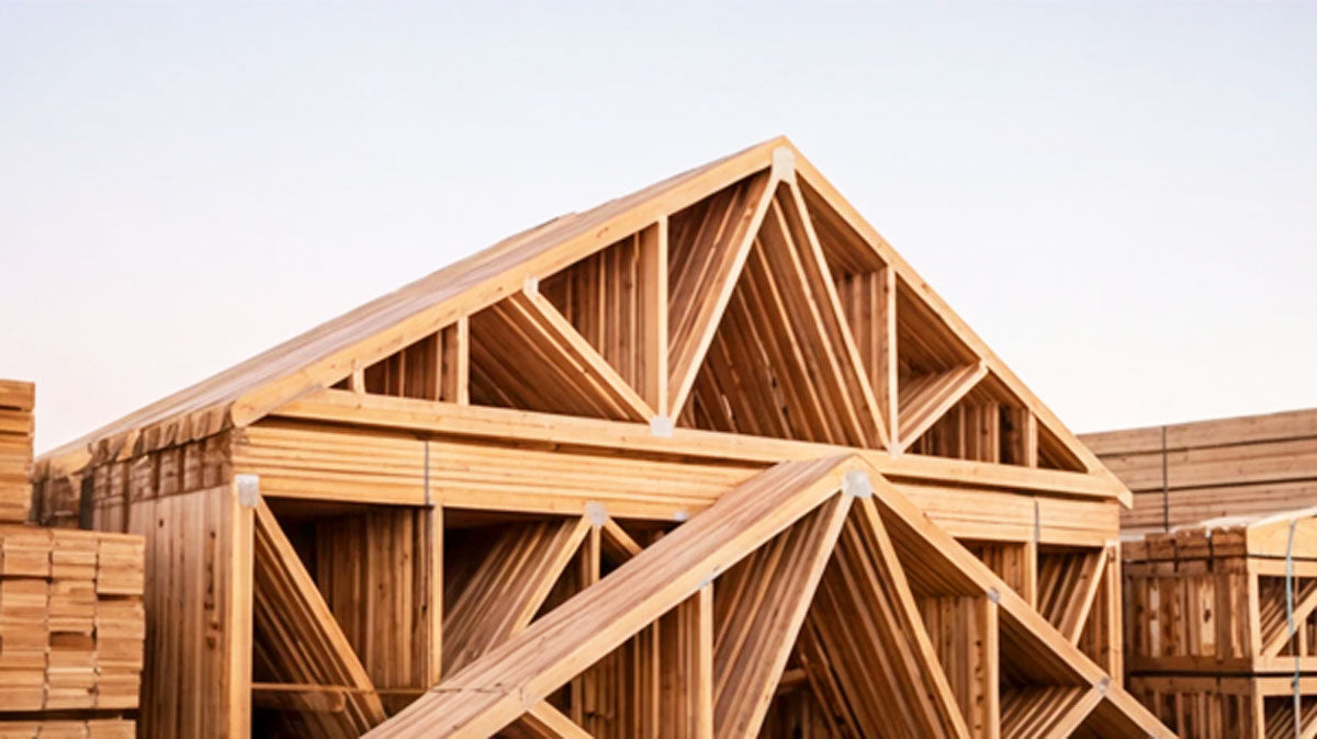 Engineered wood roof trusses with heavy galvanized connector plates bundled for Florida jobsite delivery.