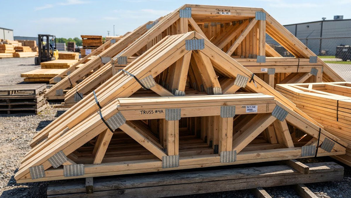 Engineered wood roof trusses with heavy galvanized connector plates bundled for Kansas jobsite delivery.