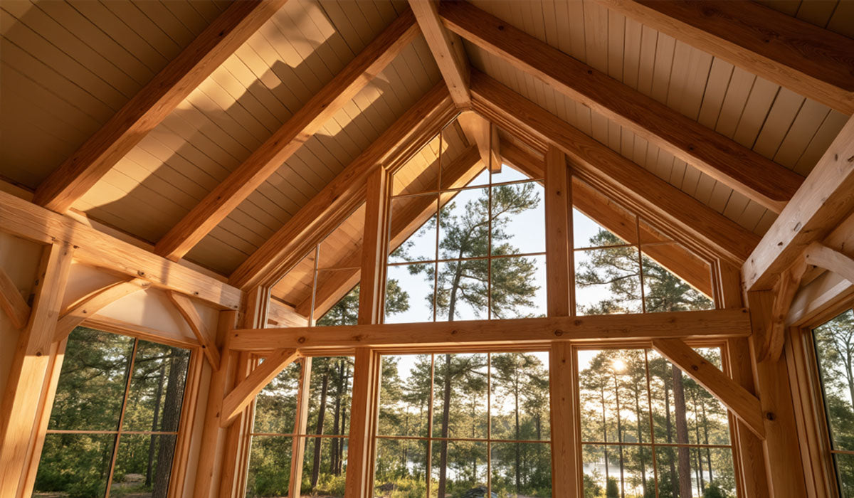 Vaulted scissor timber roof trusses installed in a custom estate near Lake Kurth in Lufkin, TX.