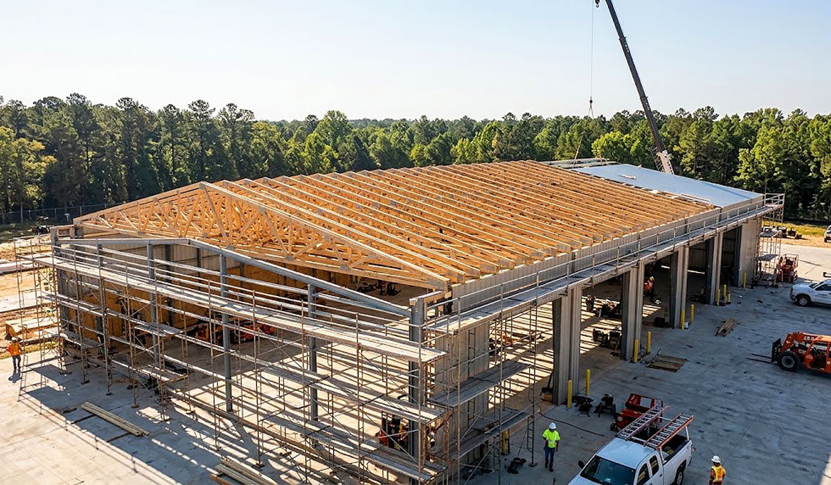 Commercial logistics depot framed with clear-span timber roof trusses in Lufkin, Texas.