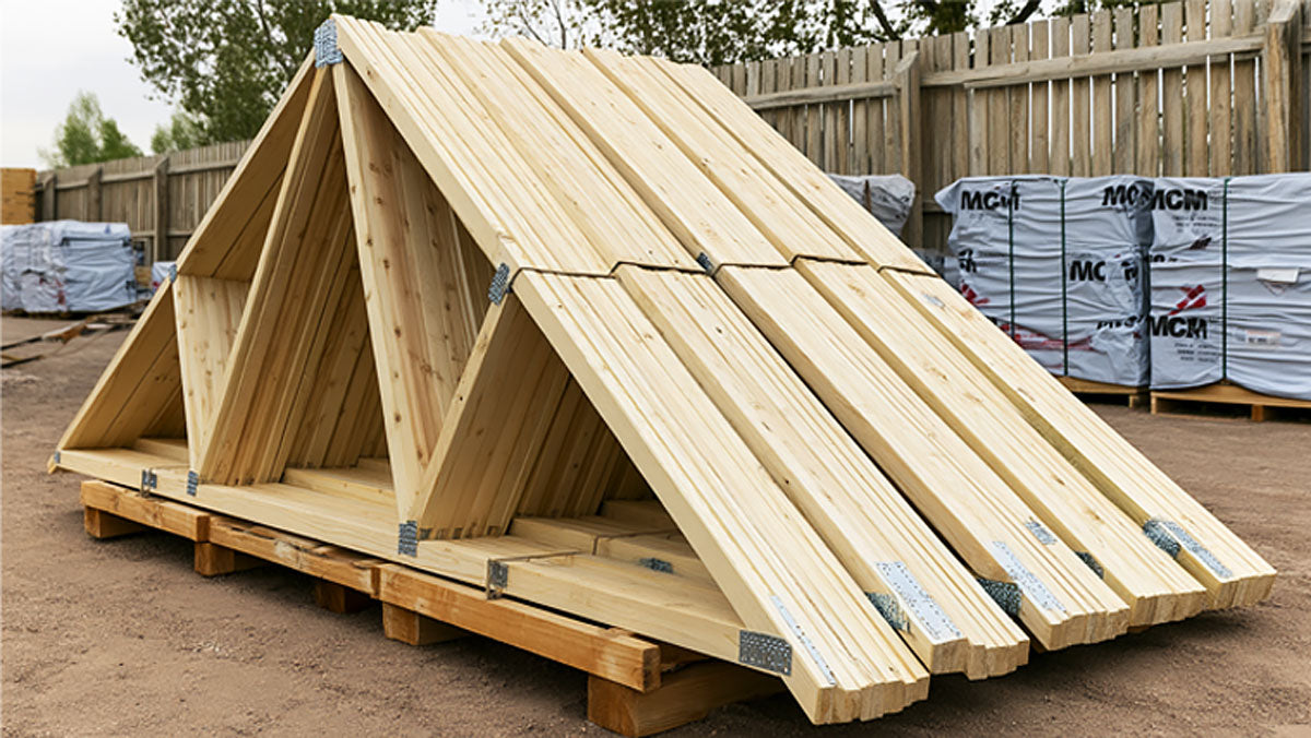 Engineered wood roof trusses with heavy galvanized connector plates bundled for New Mexico jobsite delivery.