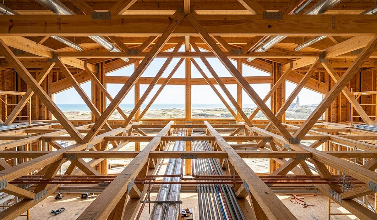 Vaulted scissor timber roof trusses installed on an elevated coastal stilt home in Port Aransas near Mustang Island, TX.