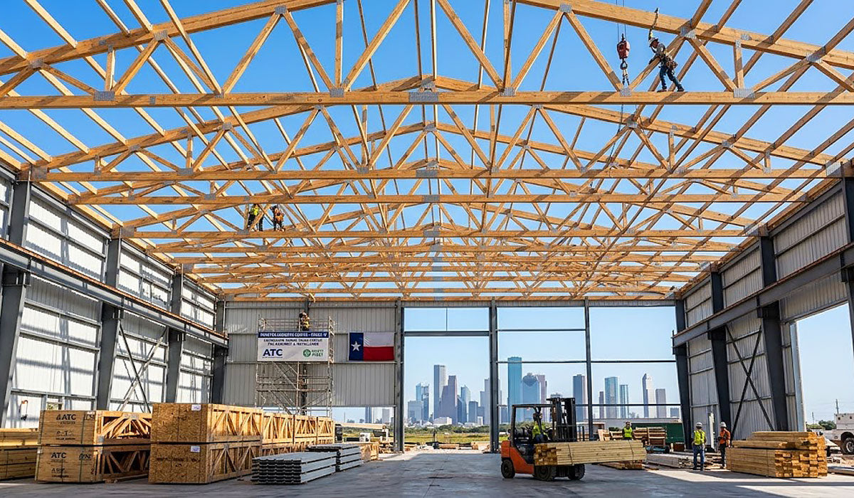 Commercial industrial facility framed with engineered wood roof trusses in Port Arthur, Texas.
