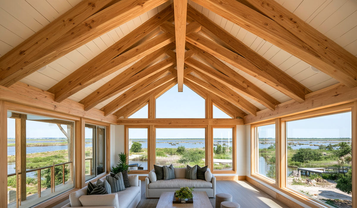 Vaulted scissor timber roof trusses installed on an elevated coastal home in Sabine Pass near Port Arthur, TX.