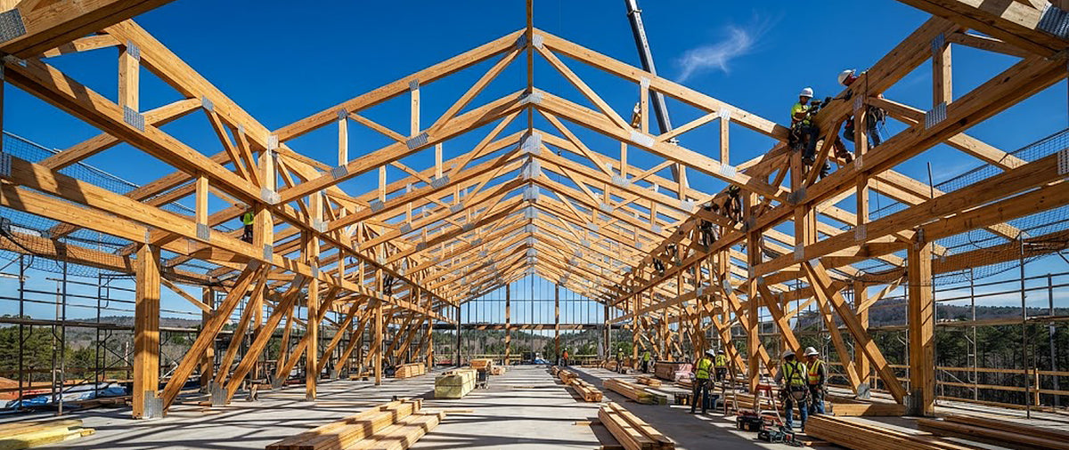 Clear-span Southern Yellow Pine engineered roof trusses framed on a commercial jobsite in Alabama.