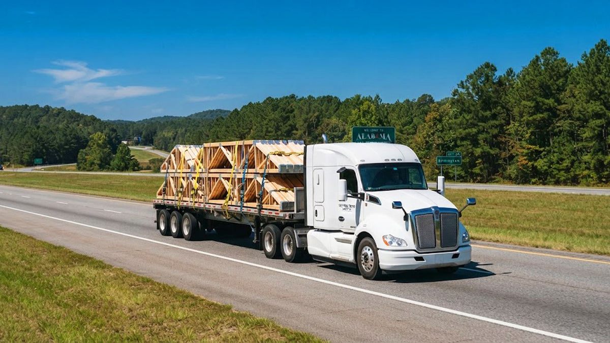 American Truss commercial flatbed semi-truck transporting banded timber roof trusses along I-20 toward Alabama.