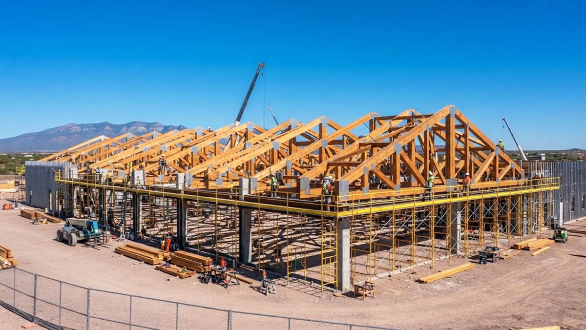 Commercial facility framed with clear-span timber roof trusses in Albuquerque, New Mexico.