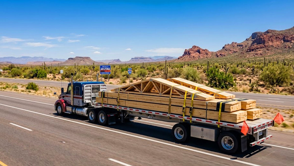 American Truss commercial flatbed semi-truck transporting banded timber roof trusses along I-10 toward Arizona.
