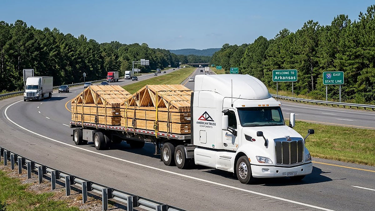 American Truss commercial flatbed semi-truck transporting banded timber roof trusses along I-40 toward Arkansas.