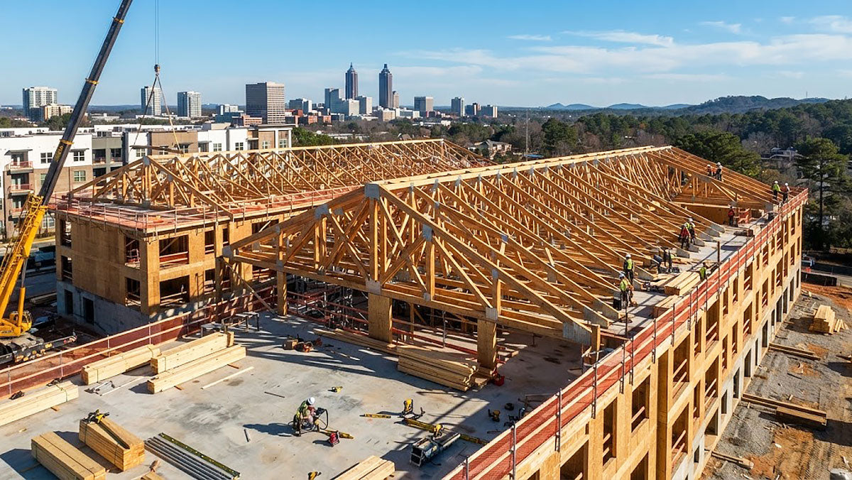 Multi-family development framed with clear-span timber roof trusses in Atlanta, Georgia.