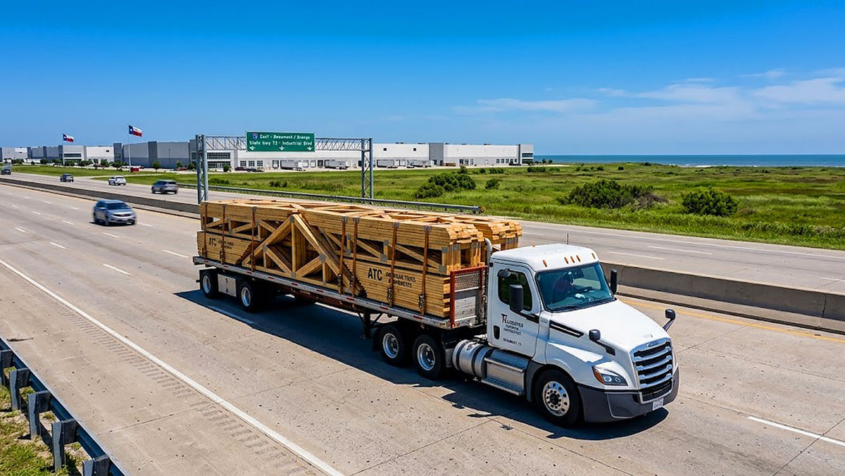 American Truss commercial flatbed truck hauling timber roof trusses along I-10 near Beaumont, Texas.