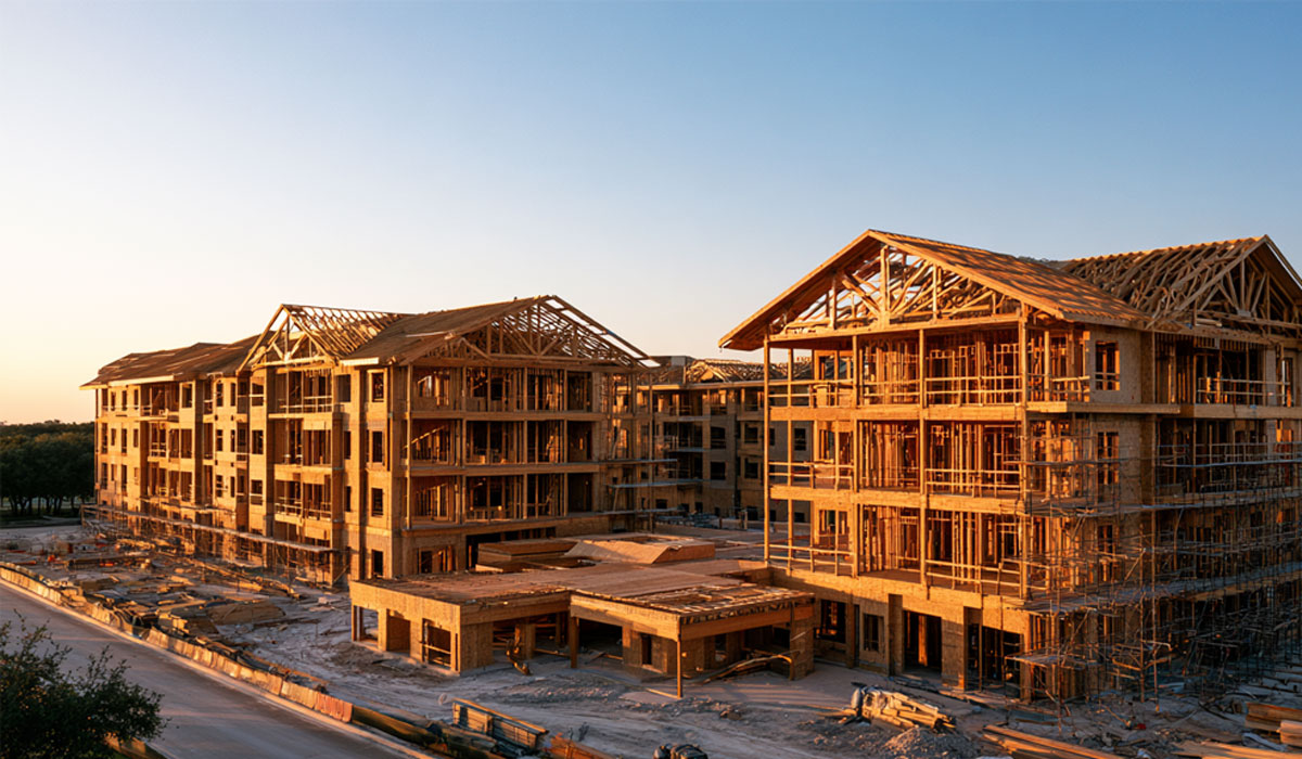 Four-story student living complex framed with engineered wood roof and floor trusses in Bryan-College Station, Texas.