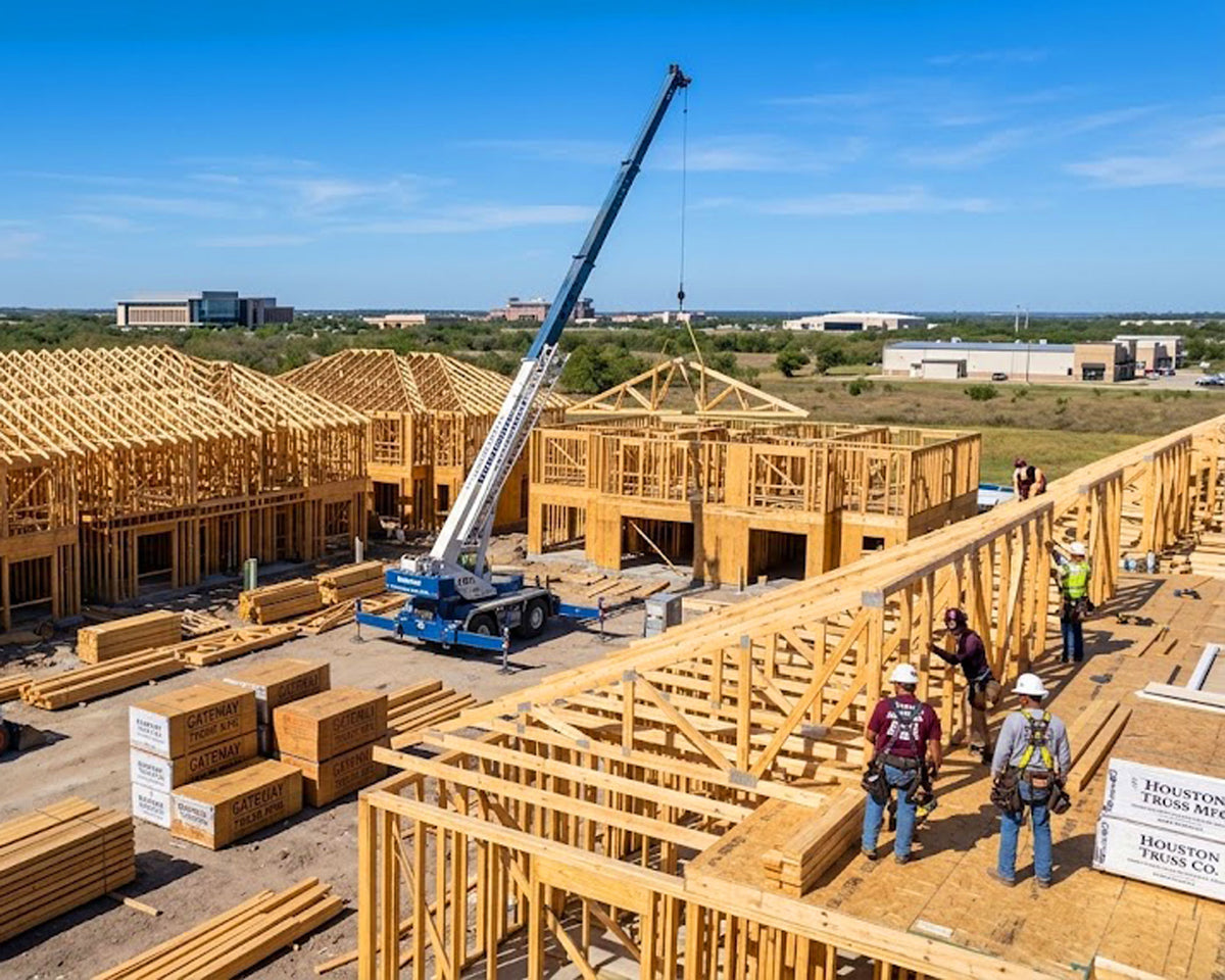 Engineered wood roof trusses installed on an active multi-family and commercial construction site in Bryan-College Station, Brazos County, Texas.