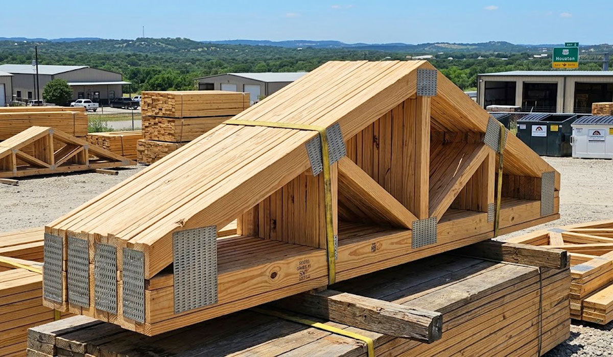Engineered wood roof trusses bundled and banded for commercial and multi-family delivery in Bryan, TX.