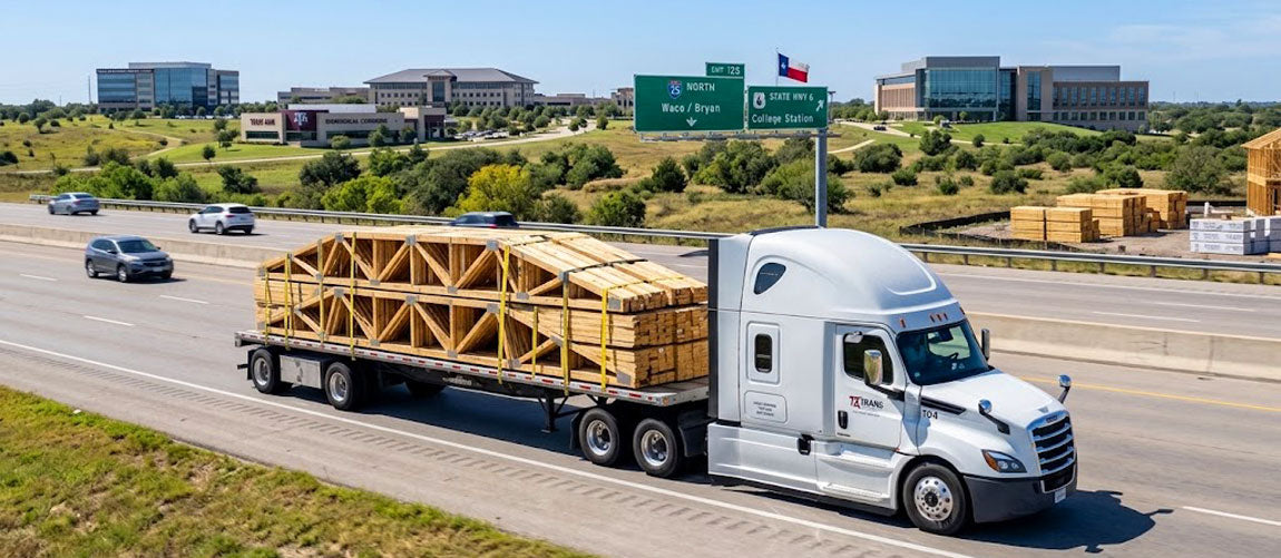 American Truss flatbed semi-truck hauling banded timber roof trusses along Hwy 6 into Bryan-College Station, Texas.