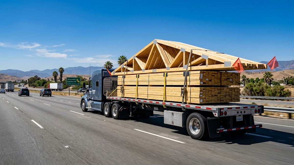 American Truss commercial flatbed semi-truck transporting banded timber roof trusses along I-10 toward California.