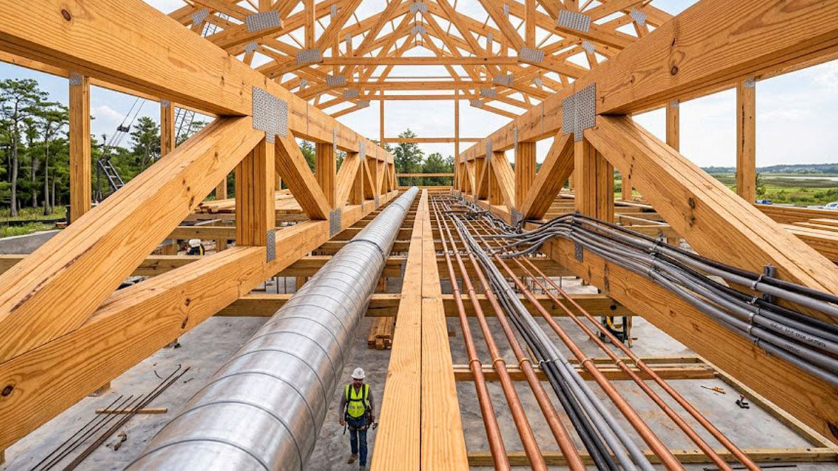 Open-web timber floor trusses installed on a commercial construction site in California.