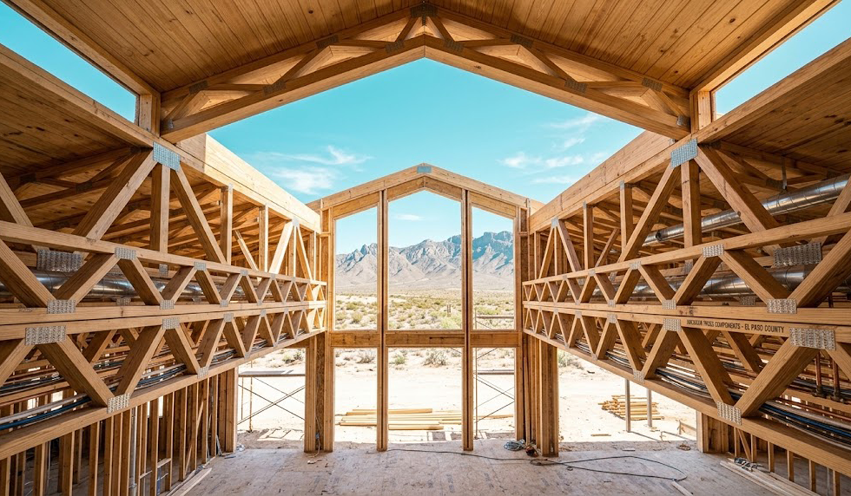 Vaulted scissor timber roof trusses installed in the high-ceiling great room of a custom desert home in Canutillo near El Paso, TX.