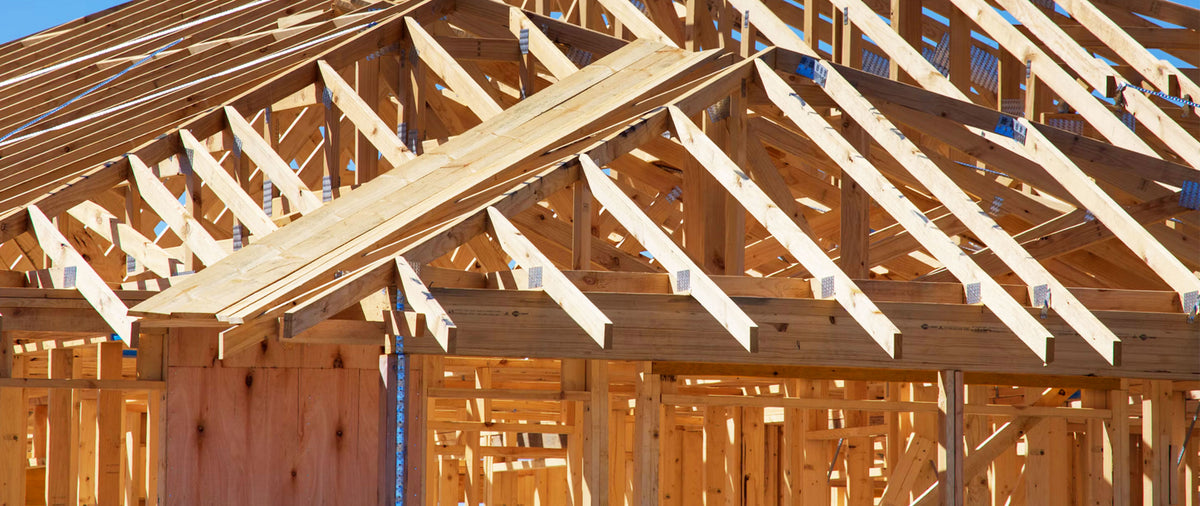 Clear-span Southern Yellow Pine engineered roof trusses framed on a commercial jobsite in Colorado.