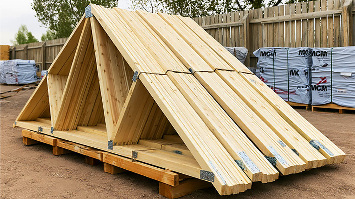 Engineered wood roof trusses with heavy galvanized connector plates bundled for Colorado jobsite delivery.
