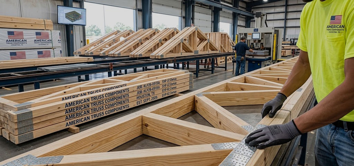 Custom engineered wood roof and floor trusses manufactured for residential and commercial builders in Corpus Christi, Texas.