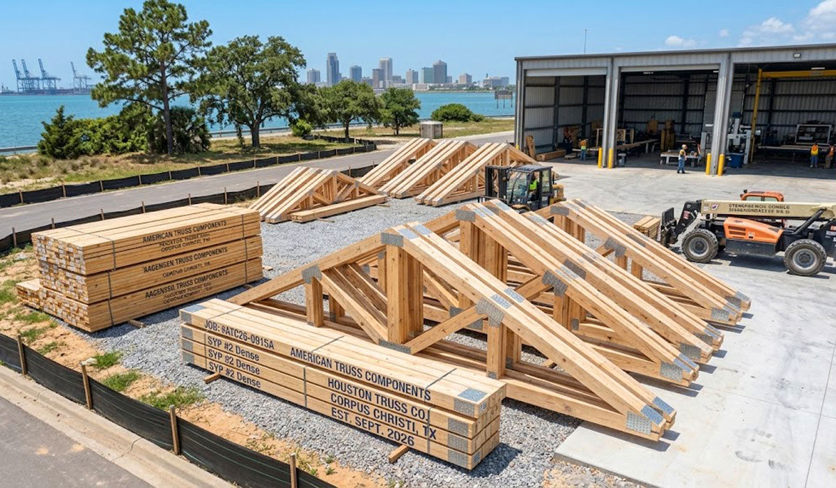 Engineered wood roof trusses bundled and banded for residential and commercial delivery in Corpus Christi, TX.