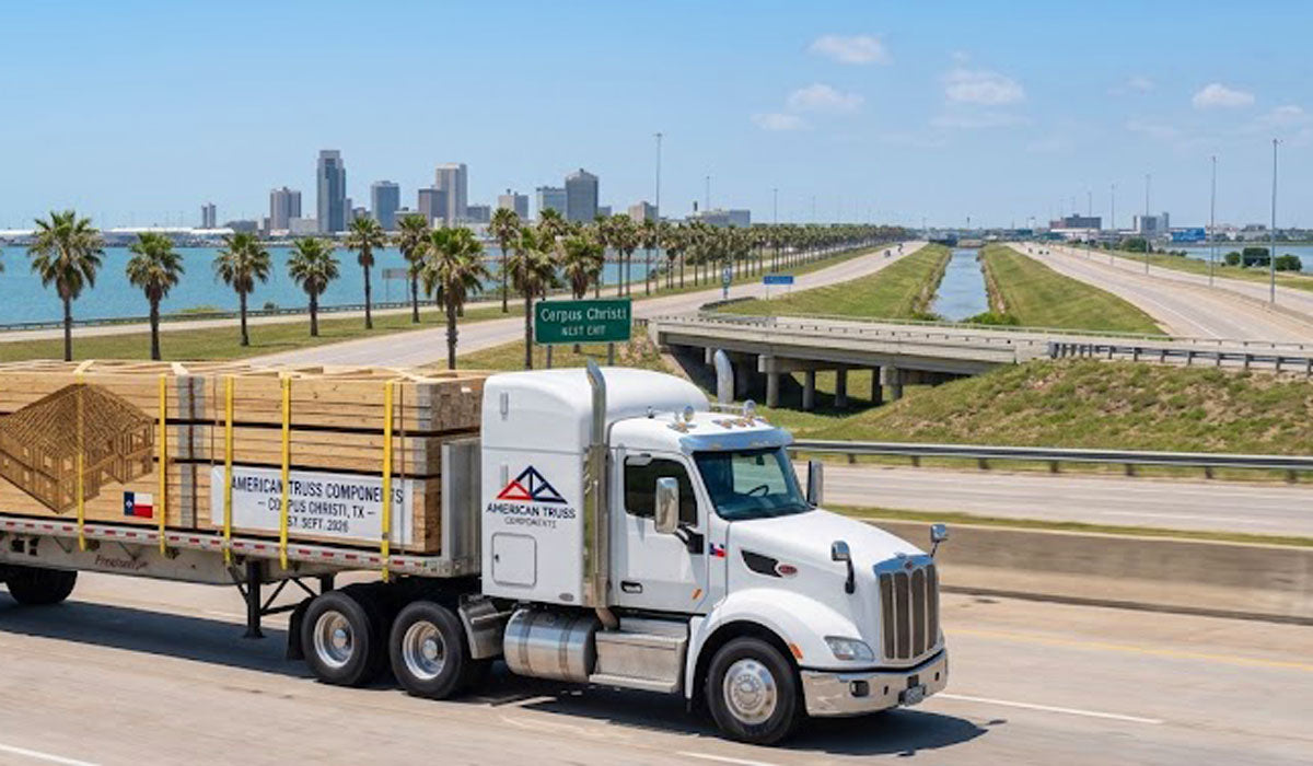 American Truss flatbed truck delivering engineered timber roof trusses along I-37 into Corpus Christi, Texas.