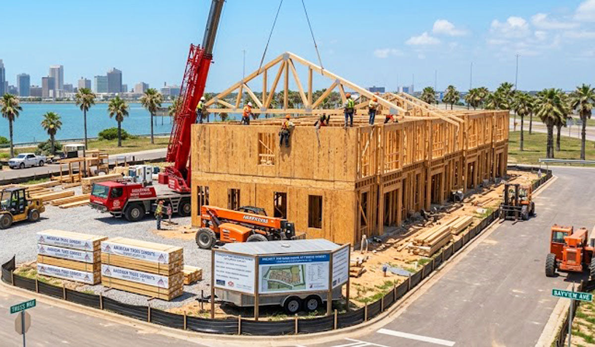 Mobile crane hoisting an engineered wood roof truss assembly onto a coastal framing jobsite in Nueces County, TX.
