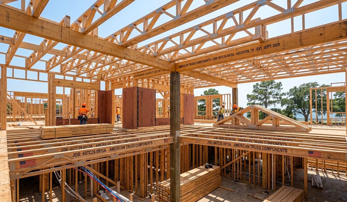 Open-web timber floor trusses installed on a commercial jobsite in Nueces County, Corpus Christi, Texas.

