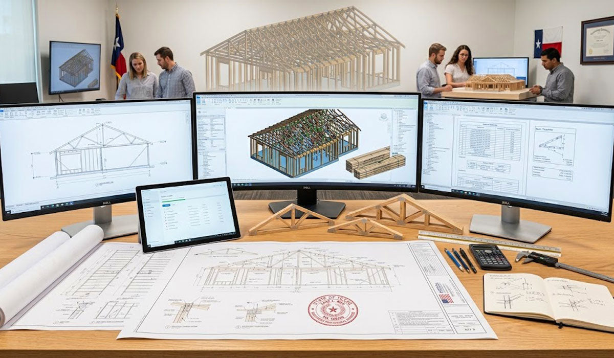 Texas PE-stamped structural truss calculation drawings and 3D BIM models for City of Corpus Christi building permits.
