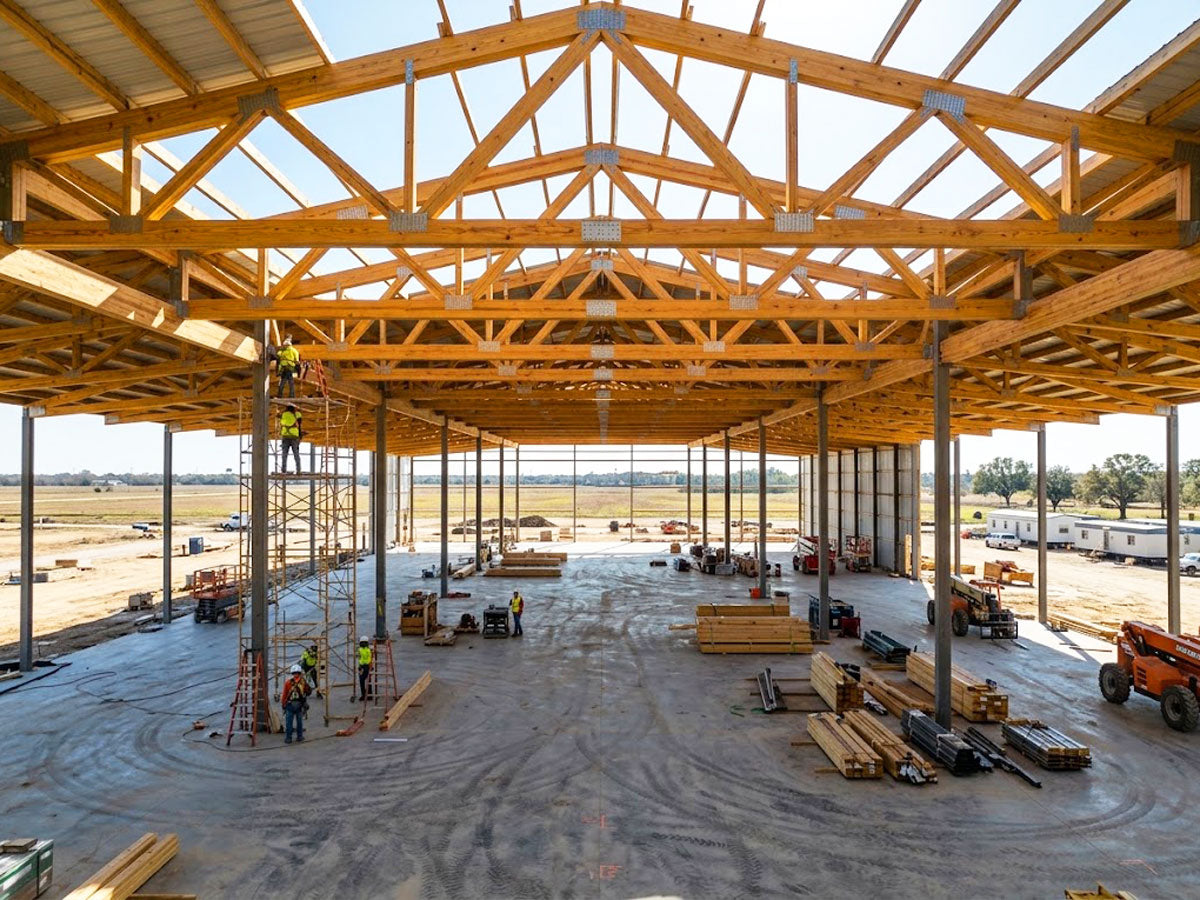 74-foot clear-span timber roof trusses installed on an industrial commercial warehouse in Cypress, Texas.
