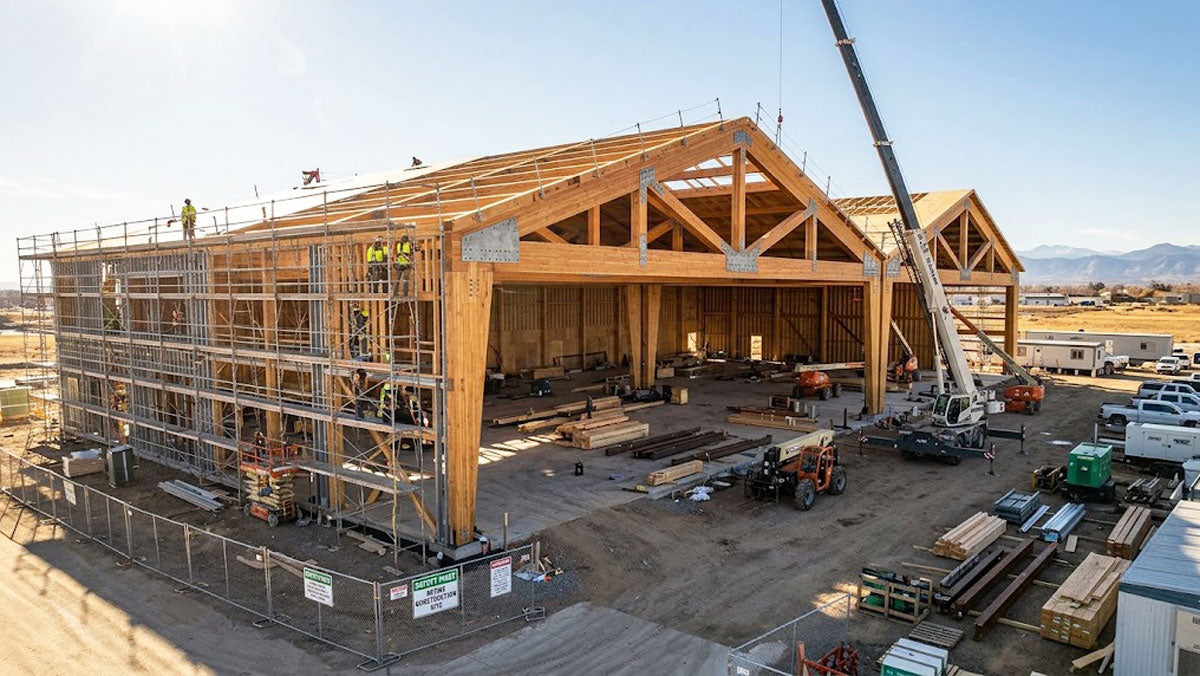 Commercial facility framed with clear-span timber roof trusses in Denver, Colorado.