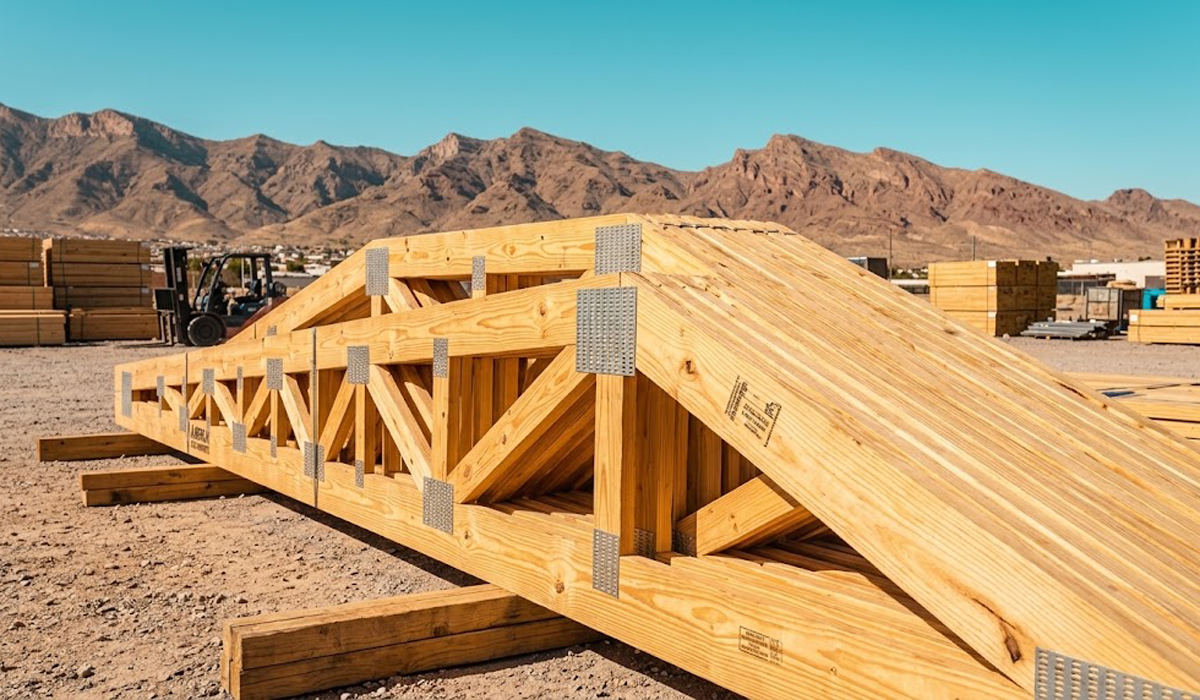 Engineered wood roof trusses bundled and banded for commercial and residential delivery in El Paso, TX.