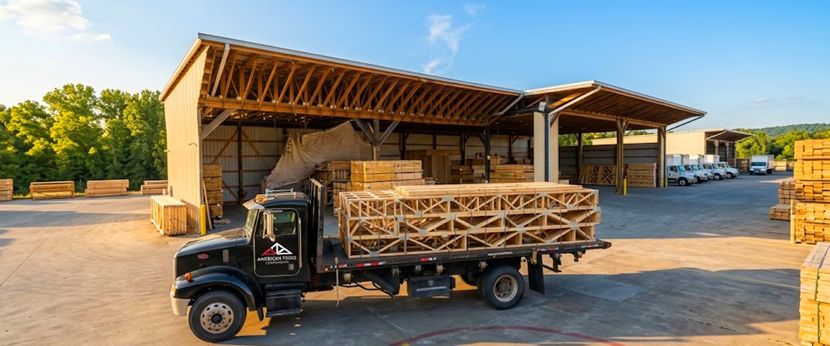 American Truss flatbed semi-truck transporting banded wooden roof trusses along I-10 near El Paso, Texas.