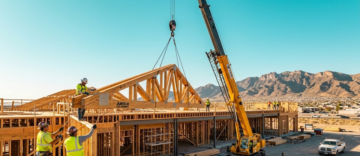 Hydraulic crane lifting a clear-span timber roof truss onto an active framing jobsite in El Paso County, TX.
