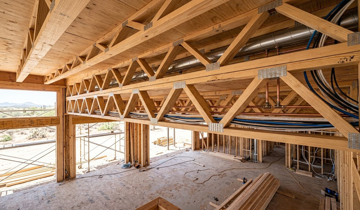 Open-web timber floor trusses installed on a commercial framing jobsite in El Paso County, Texas.