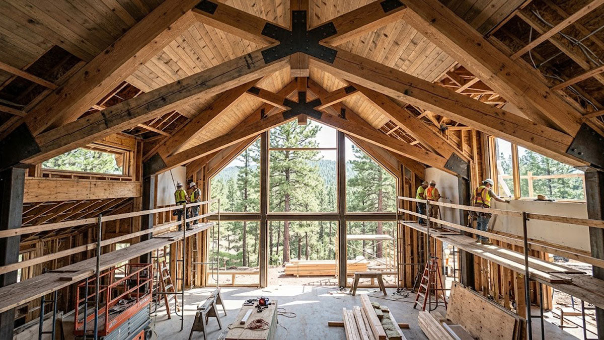 Vaulted scissor timber roof trusses installed in a custom mountain home in Flagstaff, Arizona.