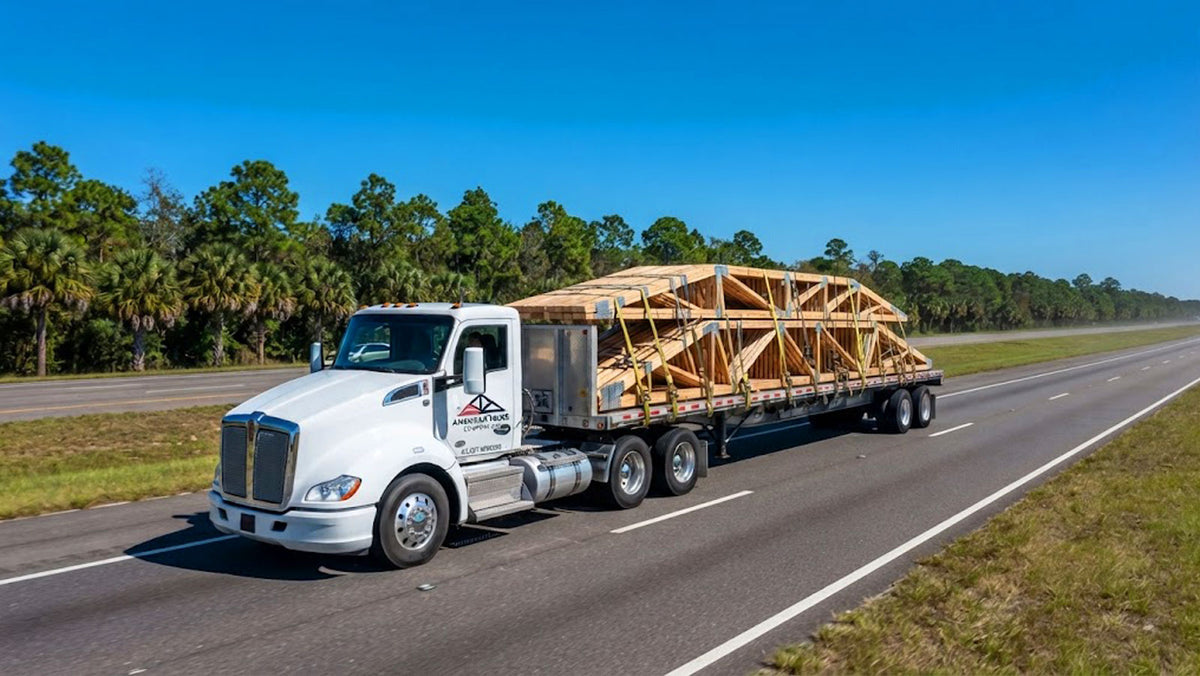 Flatbed truck transporting bundled trusses