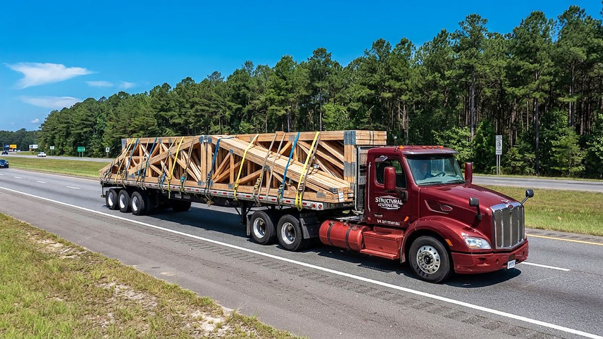 American Truss commercial flatbed semi-truck transporting banded timber roof trusses along I-20 toward Georgia.