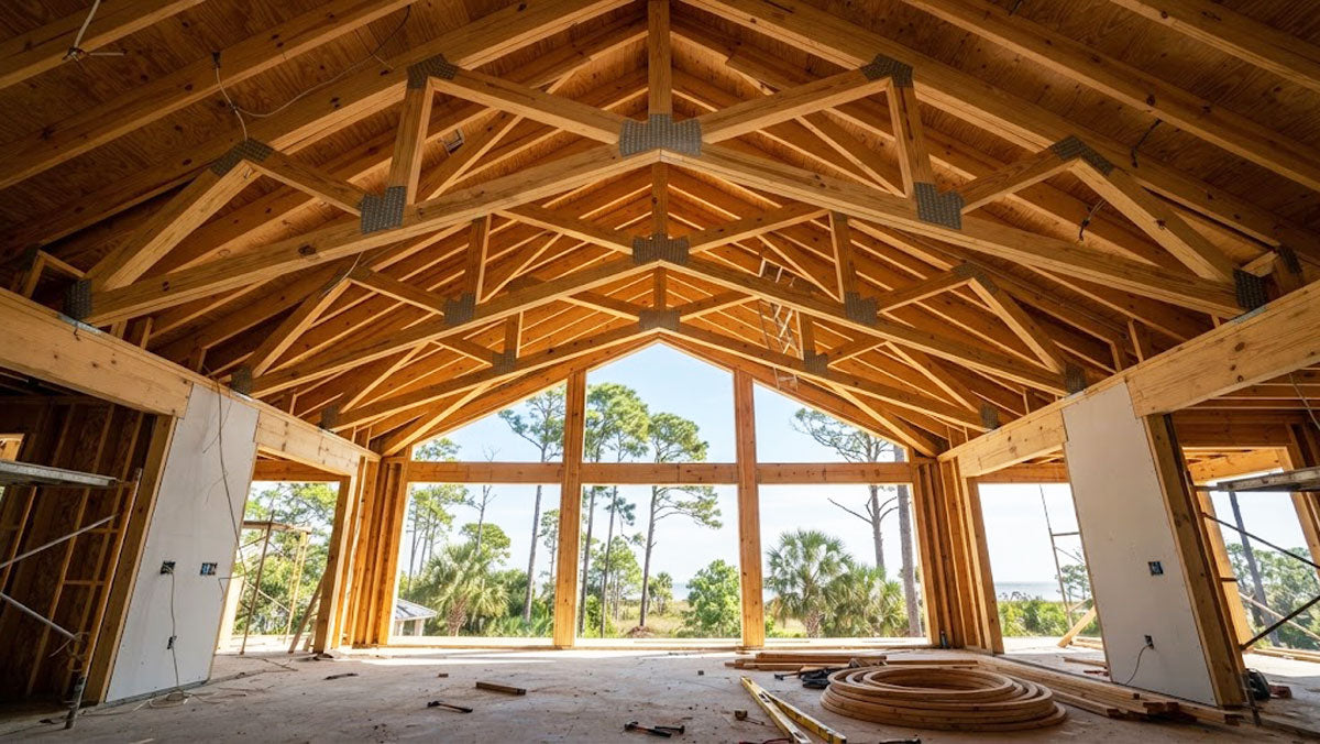 Vaulted scissor timber roof trusses installed in a custom coastal estate in Gulfport, Mississippi.