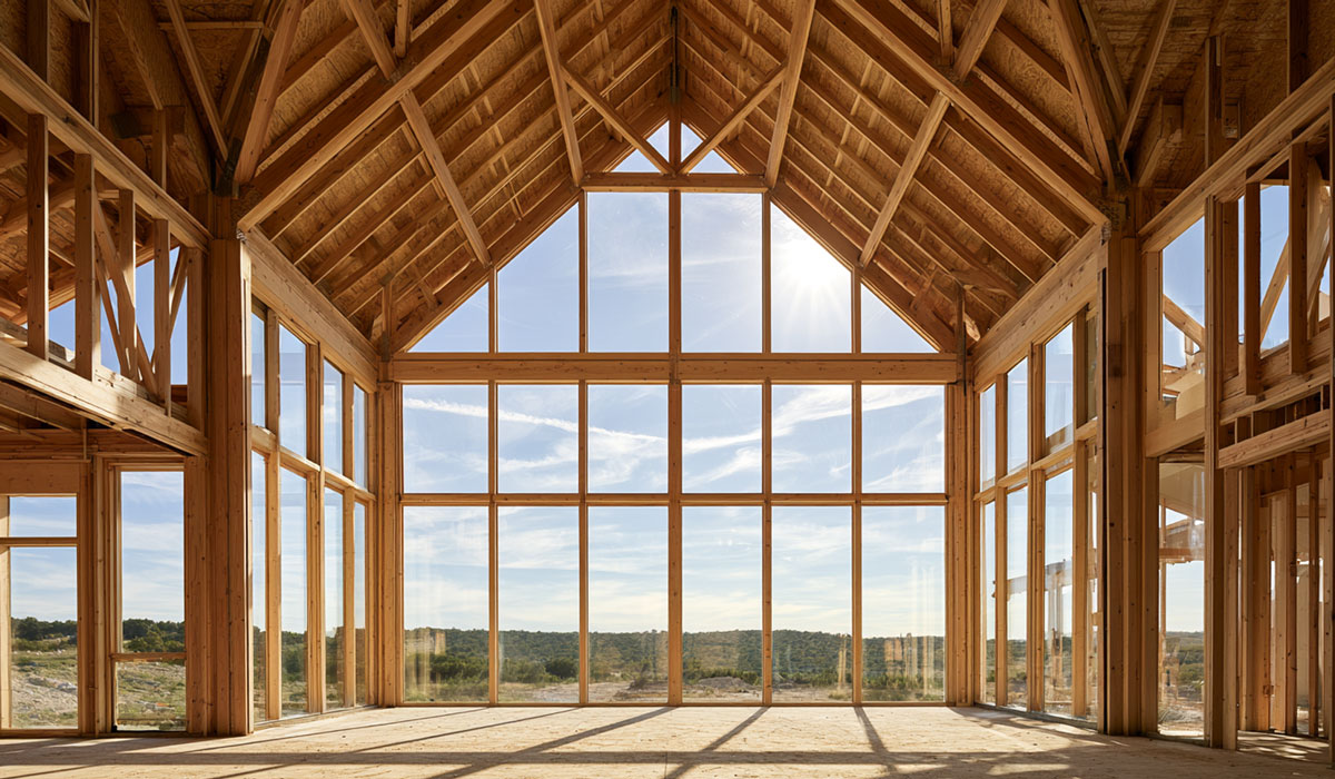 Vaulted scissor timber roof trusses installed in the high-ceiling great room of a custom home in Harker Heights near Killeen, TX.