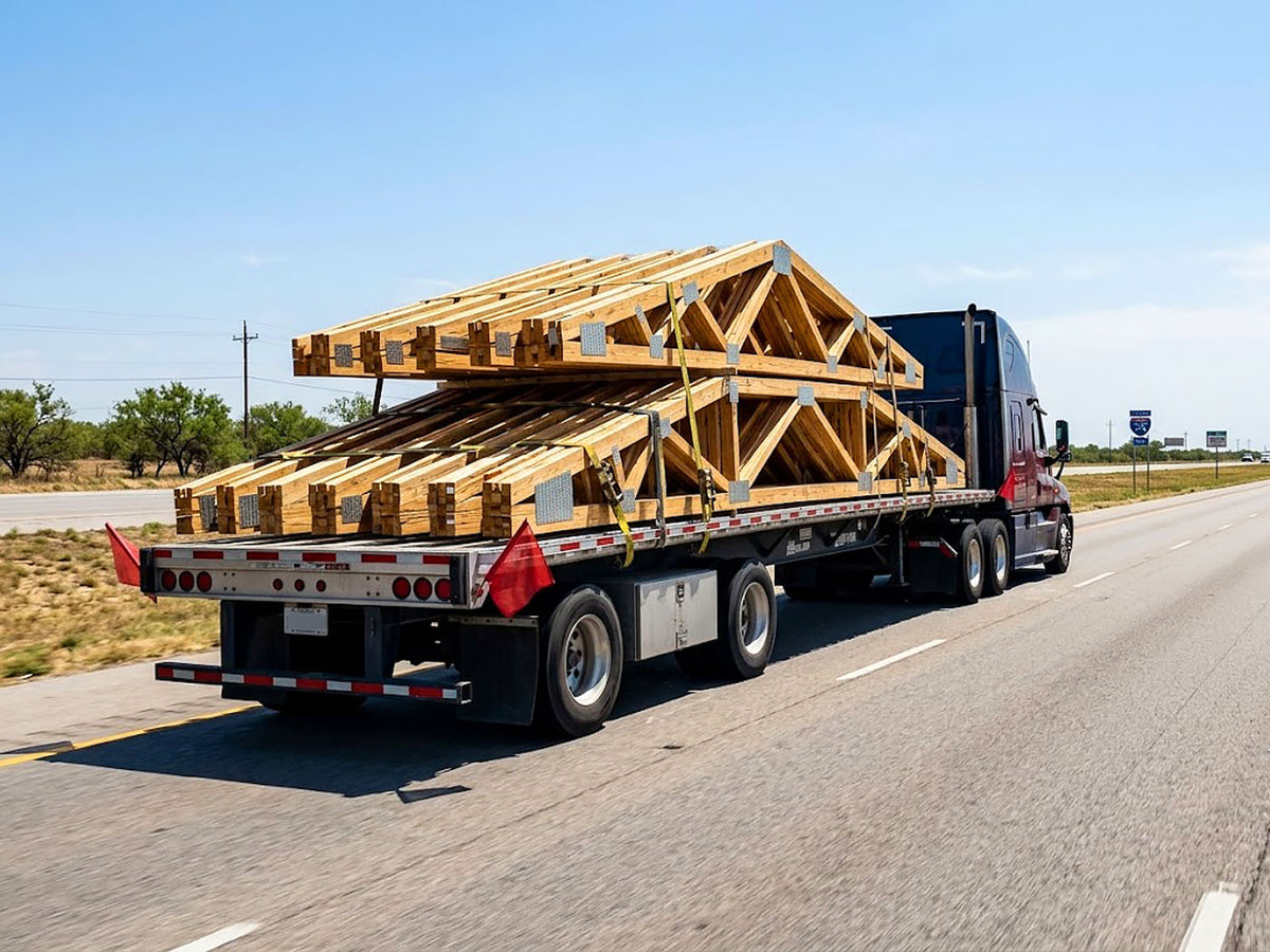 American Truss Components commercial flatbed semi-truck transporting banded roof trusses along the interstate highway.