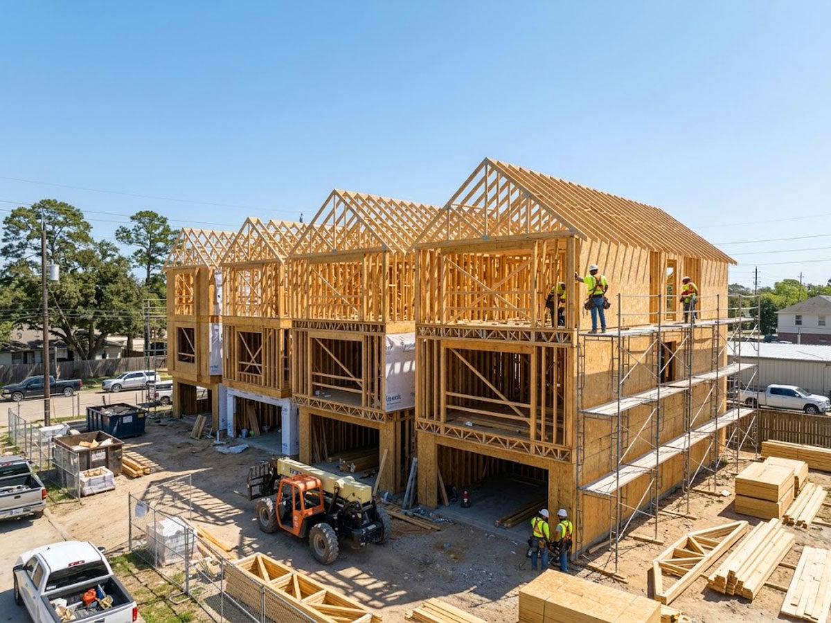 Engineered wood roof and floor trusses installed on multi-family townhomes in Houston Heights, Texas.