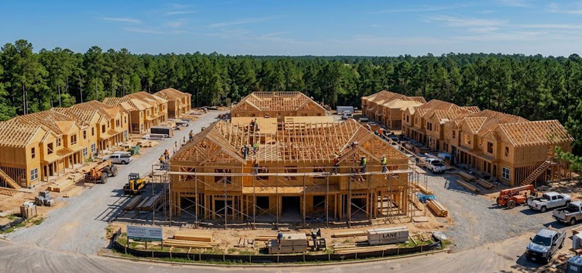 Custom engineered wood roof and floor trusses manufactured for residential and commercial builders in Huntsville, Texas.