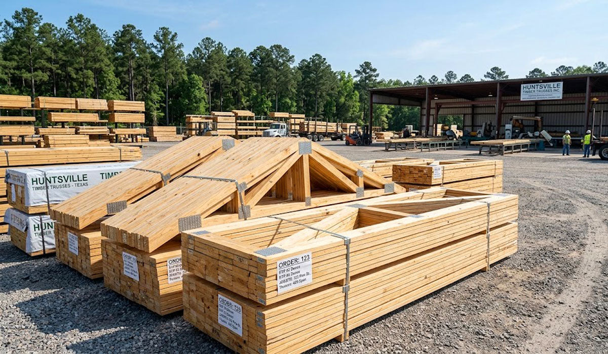 Engineered wood roof trusses bundled and banded for residential and commercial delivery in Huntsville, TX.