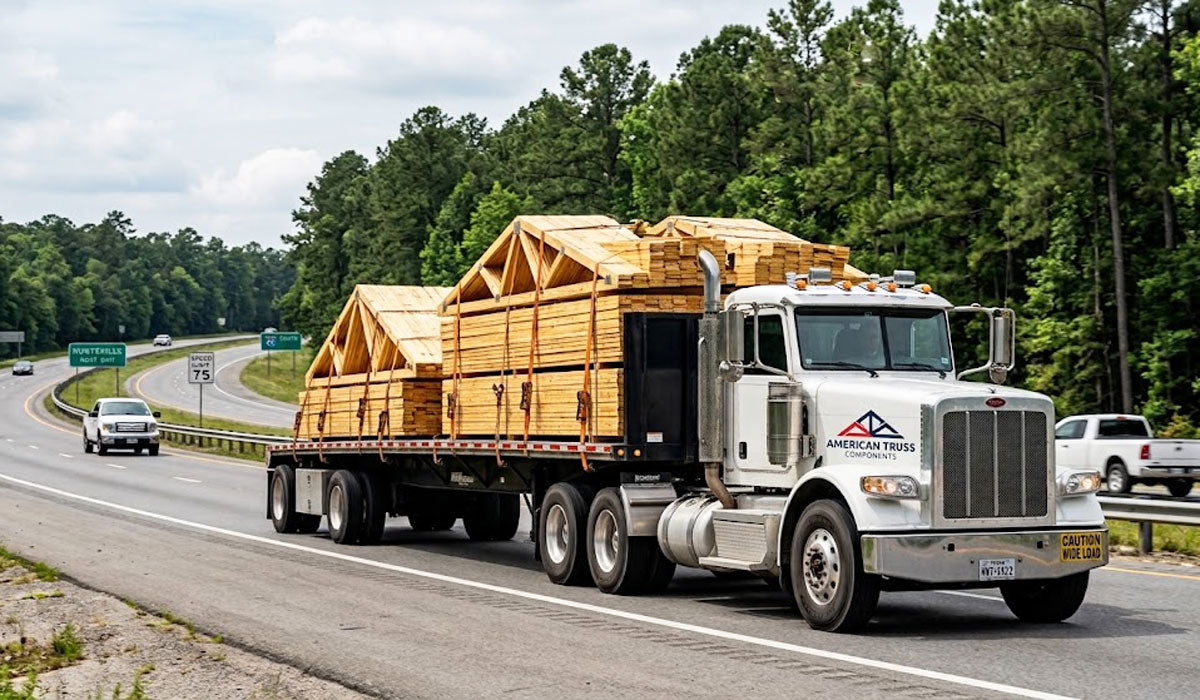 Mobile crane hoisting an engineered wood roof truss assembly on an active residential framing jobsite in Walker County, TX.