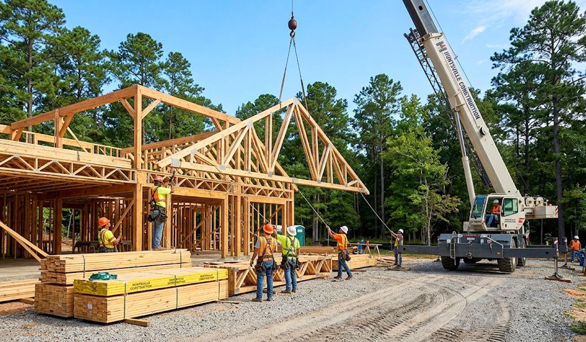 Mobile crane hoisting an engineered wood roof truss assembly onto an active framing jobsite in Walker County, Huntsville, TX.