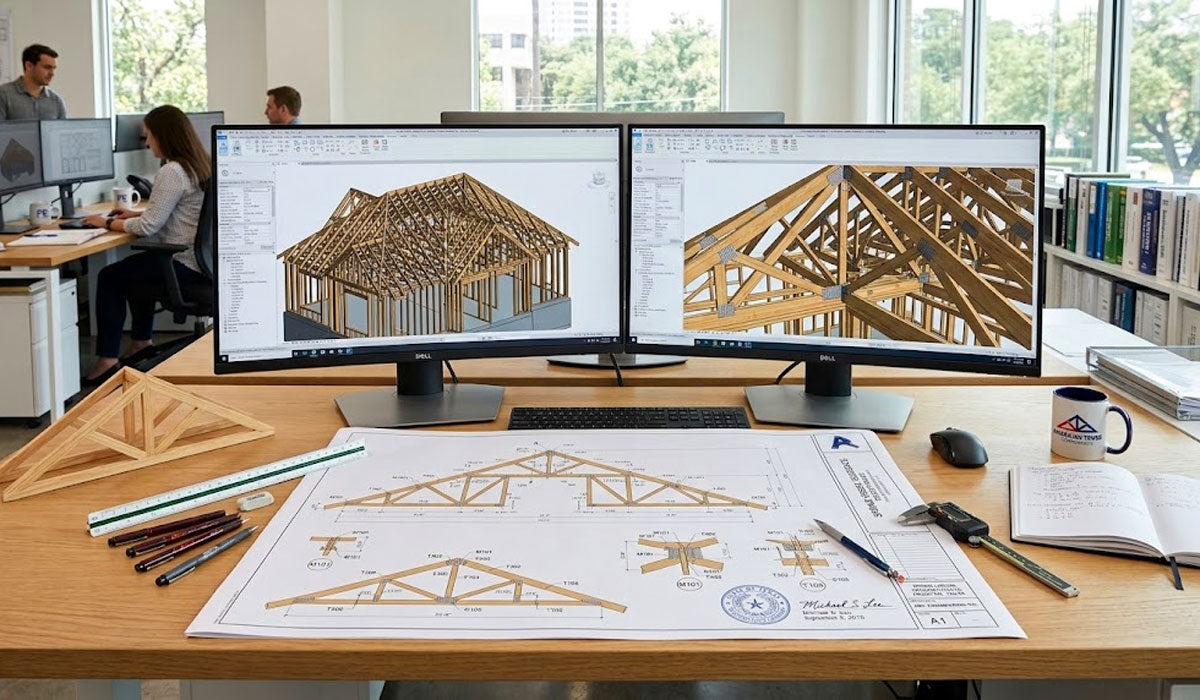 Texas PE-stamped structural truss calculation drawings and 3D BIM models for City of Huntsville building permits.